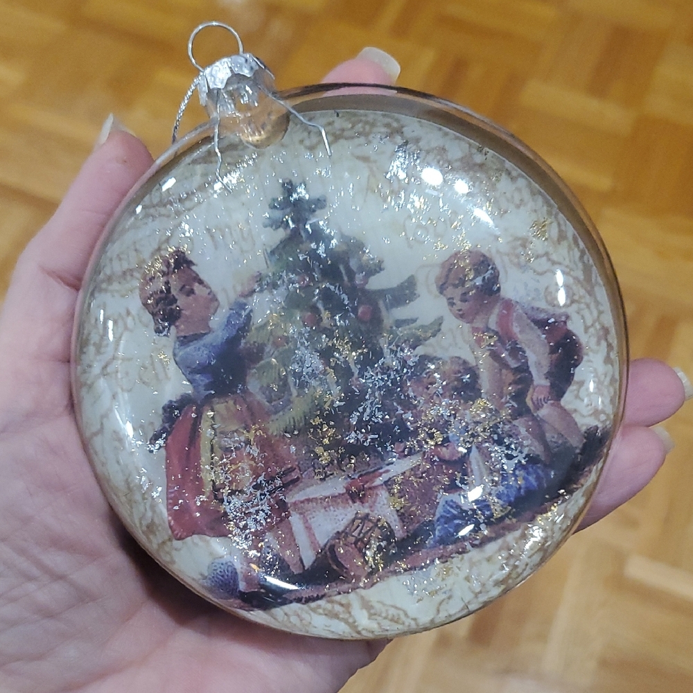 Vintage Blown Glass Gold Leaf Christmas Tree Ornament with Festive Scene